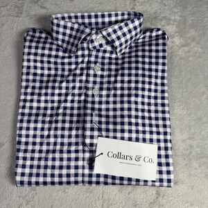 NWT Collars & Co Mens Dress Collar Polo Short Sleeve Shirt S Blue Purple‎ Plaid
